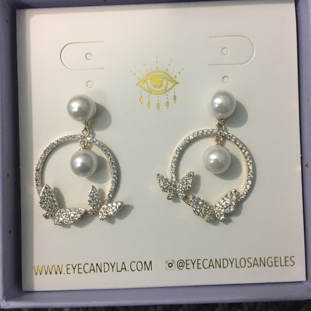 Eye Candy goldtone butterfly hoops w/ faux pearls